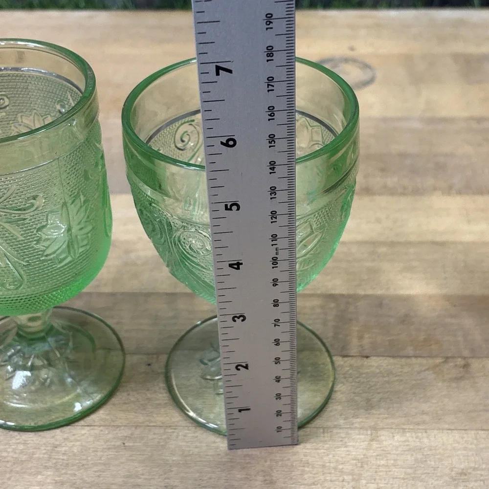 Vintage Tiara Indiana Glass Green Goblets Set of 2 Floral Pressed Glass Mixed